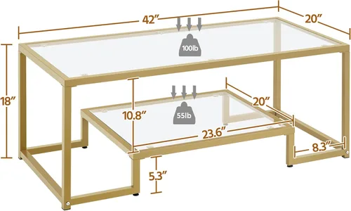 Vista 3 de Yaheetech Mesa de Café Dorada, Mesa de Centro de Vidrio Rectangular de 42" para Sala de Estar, Mesas de Té de 2 Niveles con Marco de Metal