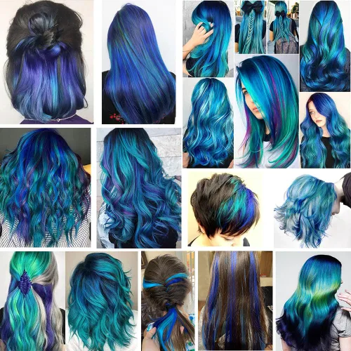 Vista 6 de Extensiones de cabello con clip de colores, 8 piezas de cabello sintético liso con reflejos azules y verde azulado