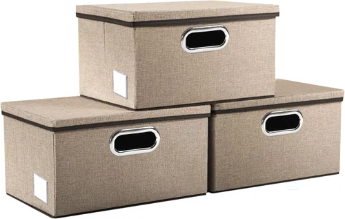 Vista 58 de PRANDOM Contenedores de almacenamiento con tapas [paquete de 3] cajas de almacenamiento plegables de tela de lino, canastas organizadoras, cubos
