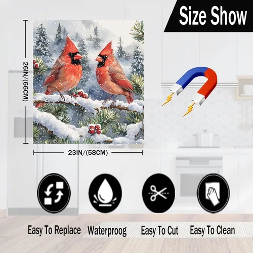 Vista 6 de Adhesivo magnético para lavavajillas de invierno, diseño de pájaros rojos para cocina, cubierta de lavavajillas, reutilizable, para panel