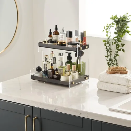 Vista 5 de SHUNLI Organizador de acrílico para encimera de baño, estante de almacenamiento de 2 niveles, organizador de baño, soporte de cosméticos