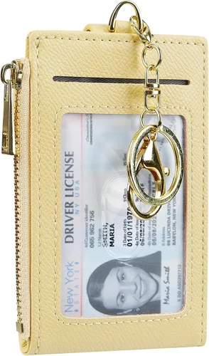 Vista 8 de Tarjetero de cuero para mujer, con bloqueo RFID, delgado y pequeño, con cremallera, llavero, bolsillo frontal, con 2 ventanas para identificación