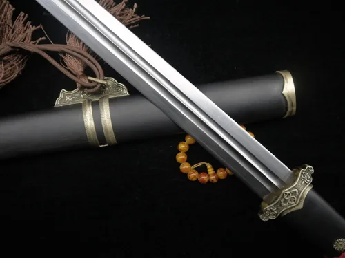 Vista 6 de Espada china/Tang jian/hoja de acero de Damasco/vaina de madera negra/accesorios de latón/espiga completa/longitud: 39 pulgadas