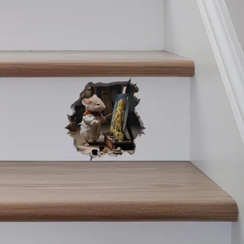 Vista 4 de Pegatina de pared 3D con diseño de ratón en el agujero del artista pintor