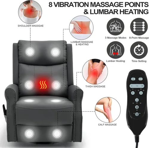 Vista 3 de Faux Leather Manual Swivel Rocker Recliner Chair, Vibration Massage, Gray Grey