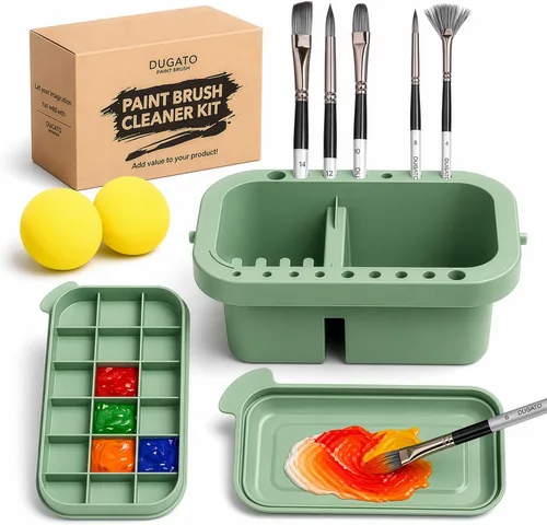 Vista 10 de DUGATO Limpiador de pinceles, lavadora, soporte y paleta 3 en 1, lavabo para artistas con tapa y esponjas para acrílico, acuarela, pintura al óleo