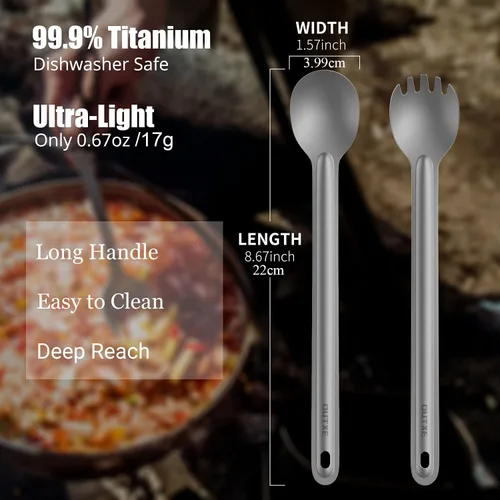 Vista 2 de OUTXE Spork y Cuchara de Mango Largo de Titanio, Juego de Camping de 8.7 Pulgadas