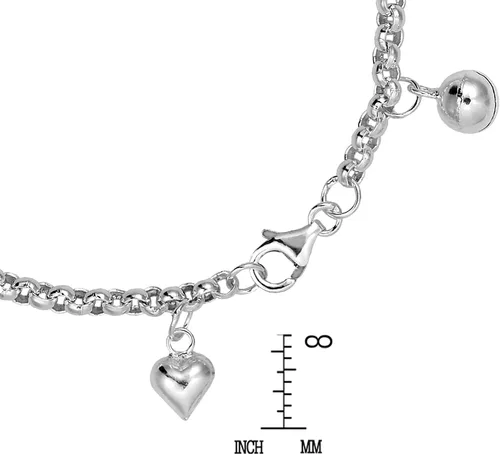 Vista 3 de AeraVida Pulsera de plata de ley 925 con dije de cascabel con múltiples corazones (6.5 pulgadas), Metal