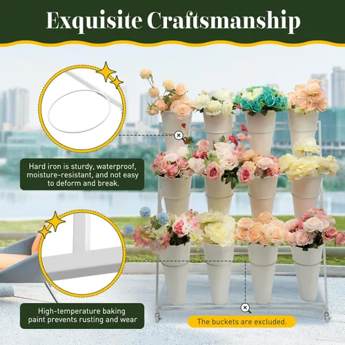 Vista 2 de Soporte de metal para plantas de 3 capas con ruedas, soporte de exhibición de flores con cubos, soporte para flores, organizador para interiores