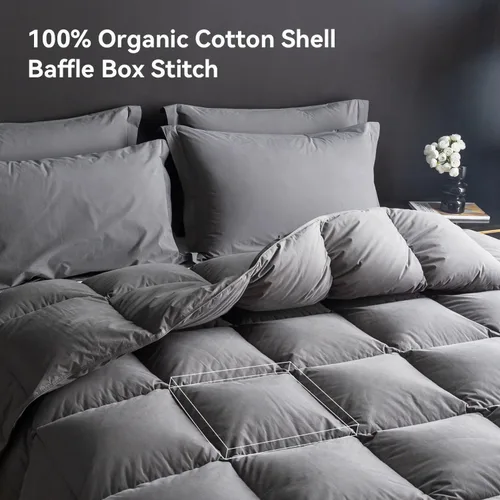 Vista 3 de Edredón de Plumas Tamaño Full, Edredón de Cama Estilo Hotel, 750+ Poder de Relleno, 1200TC, Tela de Algodón 100% Orgánico, Inserto de Edredón Gris