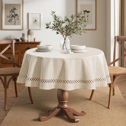 Vista 3 de MIULEE Mantel redondo de poliéster de lino beige con recortes decorativos, impermeable, resistente a las manchas y al encogimiento, 60 x 60