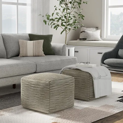 Vista 2 de SIMPLIHOME Eastmont - Puf cuadrado de 18 pulgadas de ancho, tejido a mano de poliéster PET en color crema, taburete bohemio para interiores