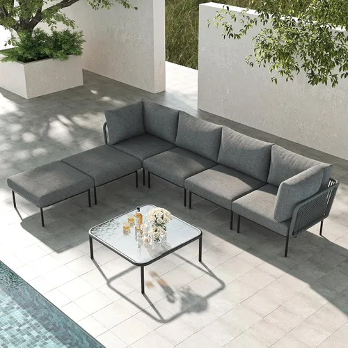 Vista 30 de LayinSun Juego de muebles de patio de aluminio de 7 piezas, sofá modular moderno con mesa auxiliar y cojín de grosor mejorado Gris claro