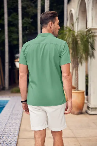 Vista 3 de COOFANDY Camisas de lino para hombre, camisas de manga corta con botones, ajuste regular, color verde claro, Verde claro