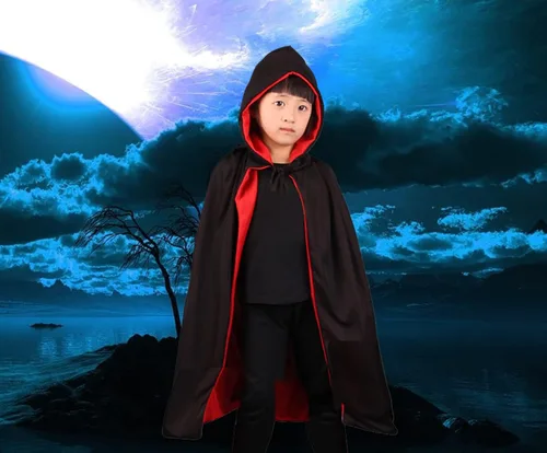 Vista 3 de viviwo Capa con capucha para niños color rojo y negro reversible disfraz de vampiros de bruja mago