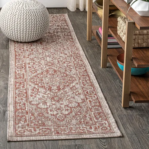 Vista 9 de JONATHAN Y Alfombra bohemia con medallón para interiores y exteriores, 2 x 8 pies, color gris/negro, tejido texturizado Rozetta para patio trasero
