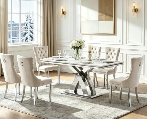 Vista 23 de Henf Mesa de comedor de mármol sintético de 68 pulgadas para 4-6 personas, mesa rectangular moderna con parte superior de mármol blanco y base