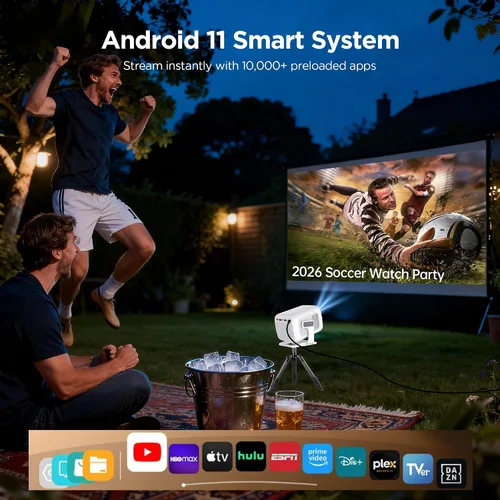 Vista 4 de Mini proyector portátil para cine en casa y al aire libre, proyector inteligente Android 11, 1080P FHD 600 ANSI, soporte 4K, WiFi 6 Bluetooth 5.4