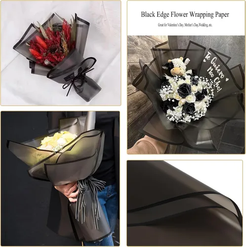 Vista 6 de Gloreyan 20 hojas de papel de regalo de flores negras, ramo de floristería, papel de regalo de flores frescas para manualidades, con borde negro