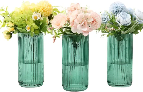 Vista 9 de Jarrón de vidrio ámbar, florero de cristal, jarrón de vidrio acanalado, moderno jarrón para flores, jarrón alto de vidrio para sala de estar, mesa
