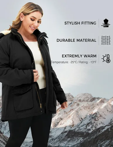Vista 6 de Soularge Chaqueta de invierno con forro de sherpa para mujer, talla grande, con capucha desmontable