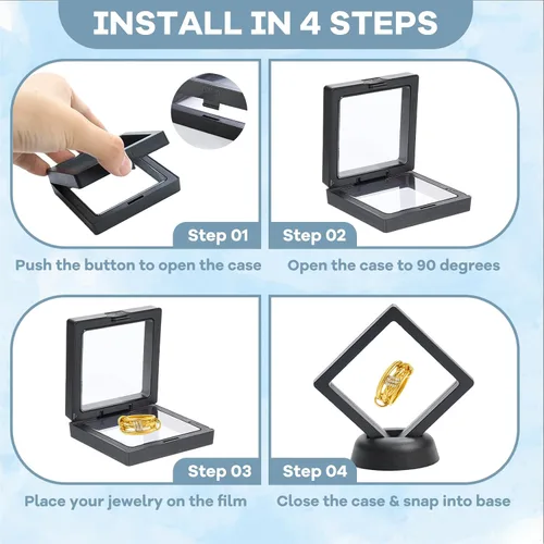 Vista 5 de 12 piezas de vitrina flotante 3D de 2.7 pulgadas, color negro, caja de almacenamiento de joyería de película transparente, soporte de marco
