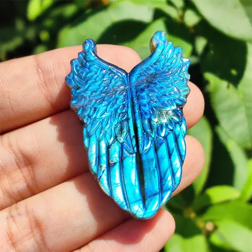 Vista 5 de TEAMWILL Figuras de piedras preciosas de cristal de labradorita azul natural, alas de ángel, curación, reiki, energía, meditación, baño, sala