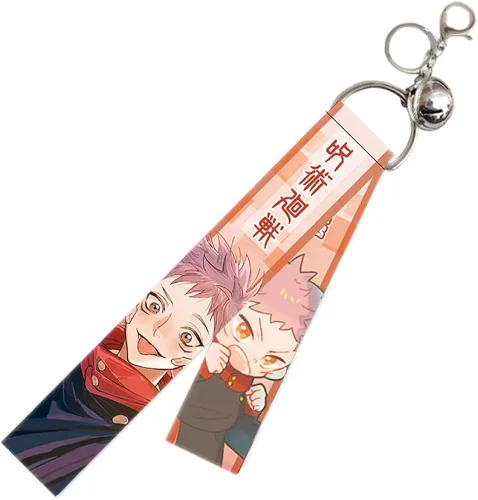 Vista 3 de RJZMING 5 llaveros Jujutsu Kaisen Gojo Satoru Cosplay Itadori Yuji Nobara Kugisaki Cosplay disfraces llaveros colgantes con cinta y campana