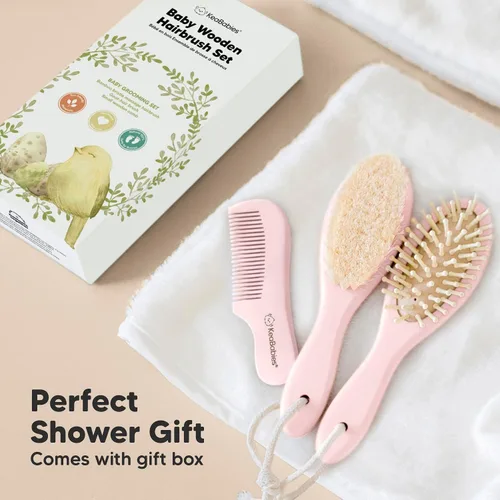 Vista 9 de Juego de cepillo y peine para cabello de bebé para recién nacidos - Juego de cepillos de madera para cabello de bebé con cerdas suaves de cabra