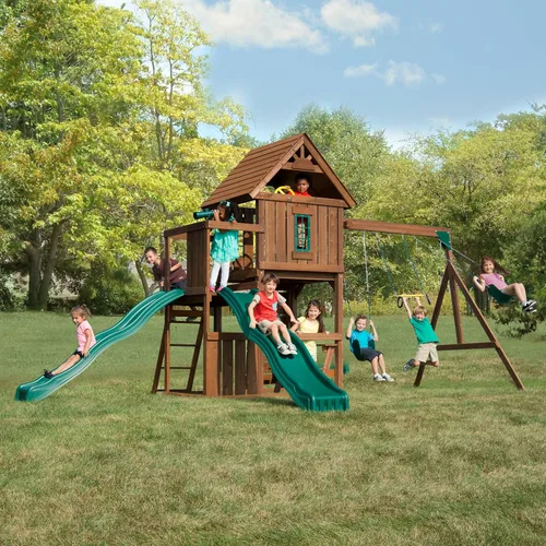 Vista 3 de Swing-N-Slide Mont Eagle - Set de juego con dos columpios, dos toboganes, pared de roca y mesa de picnic, color verde
