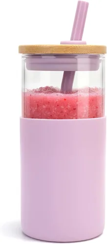 Vista 37 de Tronco Vaso de vidrio de 28 onzas con tapas y pajilla, taza reutilizable para café helado y vaso para batidos con tapa de bambú, funda de silicona