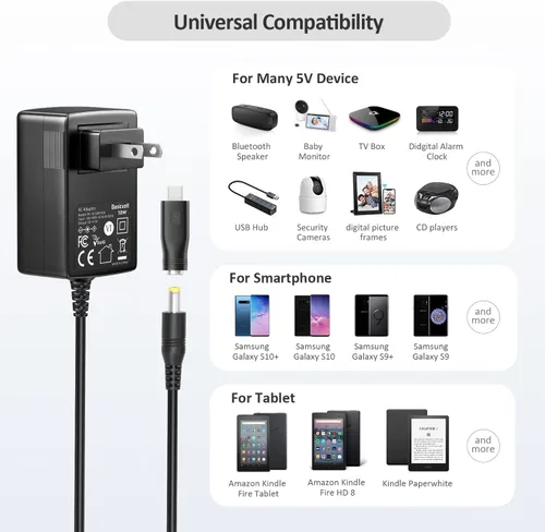 Vista 7 de Fuente de alimentación universal de 5 V, 2 A, 1 A, adaptador de CA universal, DC 5 voltios, 1.5 A, 1.2 A, 0.5 A, cable de alimentación de repuesto