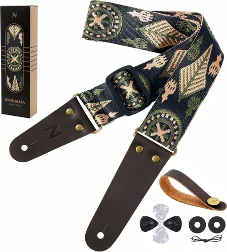 Vista 26 de Nefelibata Correa de guitarra, correas de guitarra de algodón bordadas con extremos de cuero de vaca para bajo, guitarras eléctricas y acústicas