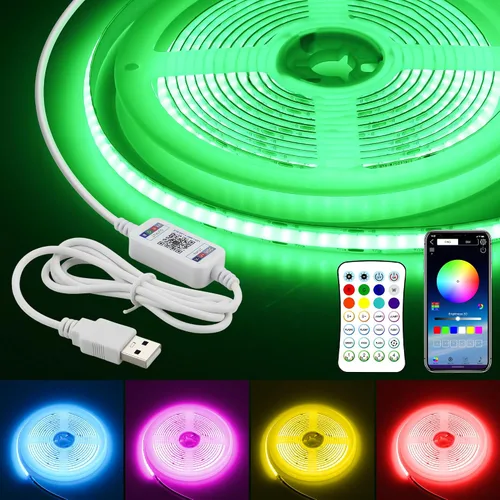 Vista 8 de 5V USB COB RGB LED Light Strip With Remote 576LED/M 4.92FT Rope Lights 1.5M