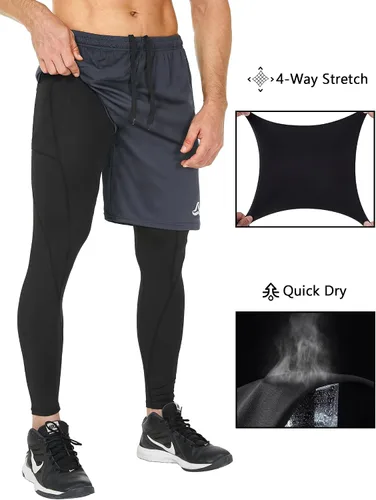 Vista 2 de SILKWORLD Pantalones de correr 2 en 1 para hombre, pantalones deportivos de compresión, leggings de entrenamiento con bolsillos con cremallera