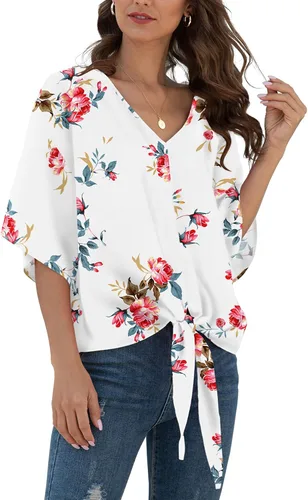 Vista 26 de VIISHOW Womens Tie Front Chiffon Blouses V Neck Batwing Short Sleeve Summer Tops Shirts Albaricoque