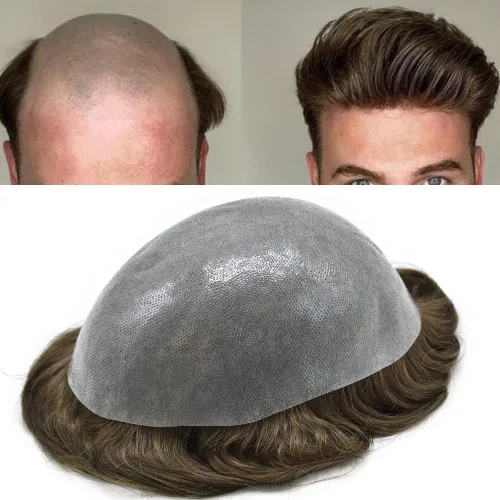 Vista 68 de PU Toupee para hombres pieza de pelo real sistema de reemplazo de cabello humano para hombres Toupee pieza de pelo para hombres piel polivinílica