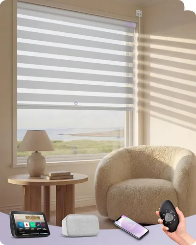 Vista 31 de Graywind Persianas motorizadas de cebra para ventanas, persianas inteligentes 100 % opacas con control remoto, persianas de cebra personalizadas