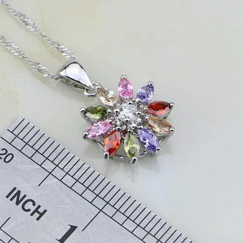 Vista 3 de Juego de joyas de plata de ley 925 con circonita cúbica multicolor para mujer, aretes, dije, collar, anillo, pulsera