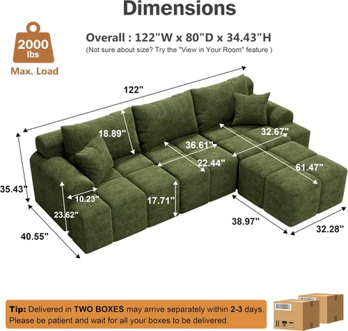 Vista 2 de Vipbear 120" Oversized Modular Sectional Sofa, Boneless Couch for Living Room, L Shape Deep Seat Sofa with Ottoman, Throw Pillows, Comfy Chenille