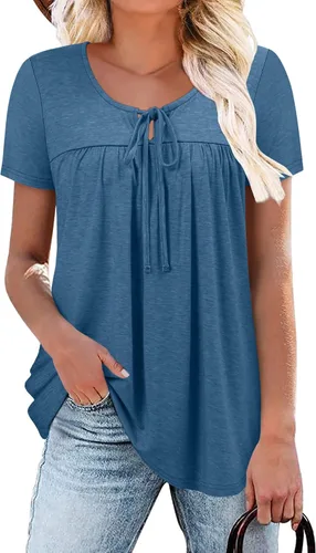 Vista 36 de BETTE BOUTIK Blusas de verano para mujer, plisadas, de manga corta, con cordón, cuello redondo, tallas S-3XL