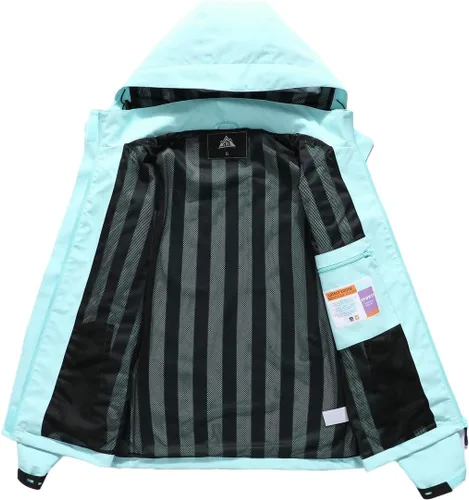 Vista 5 de MOERDENG Chaqueta impermeable para mujer, ligera, con capucha, para senderismo, cortavientos softshell