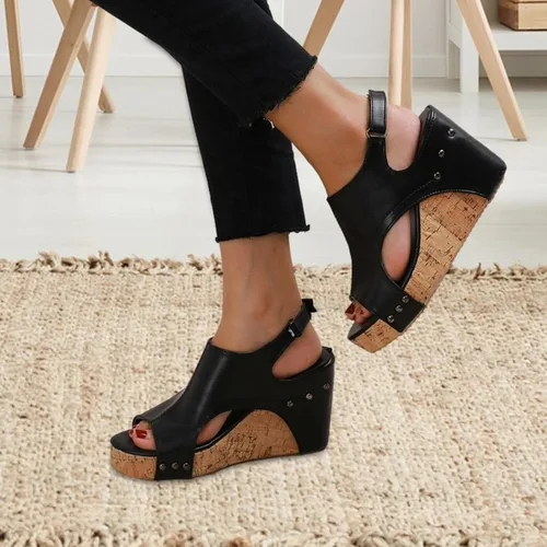 Vista 9 de Yimin Sandalias de cuña bohemias, sandalias de tacón de cuña con punta abierta, de piel sintética, con remaches, para mujer, parte inferior de goma