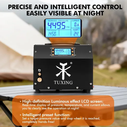 Vista 3 de TUXING Compresor de aire PCP de 4500 psi, compresor de rifle de aire con pantalla de control LCD luminosa, sin aceite/agua, transformador