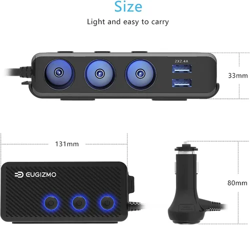 Vista 6 de Eugizmo - Divisor de encendedor de cigarrillos 7 en 1, adaptador de cargador de 3 zócalos de 200 W 12V/24V Plug Extension Cord PD 30W USB Power