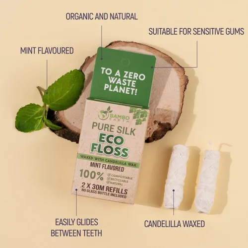 Vista 3 de Hilo dental de encaje dental de menta biodegradable, 2 hilos dentales recargables, carrete de seda de dientes 100% orgánicos, naturales