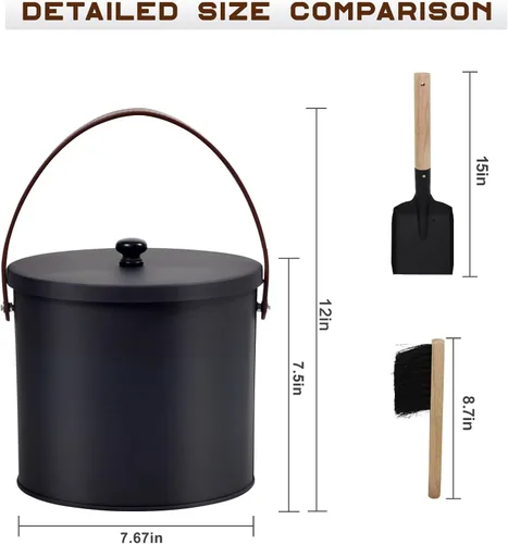 Vista 2 de BRIAN & DANY Mini cubo de cenizas con tapa y pala, cubo de chimenea de 1.2 galones con escoba, perfecto para chimeneas, estufas de leña