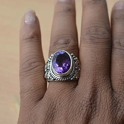 Vista 5 de Anillo de plata de ley 925 maciza de amatista natural joyería hecha a mano joyería bohemia de febrero Piedra preciosa amatista