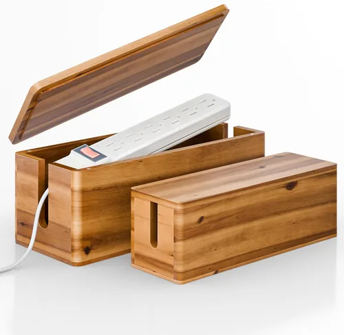 Vista 8 de Caja de gestión de cables de madera de acacia TIDITA con borde redondo - Caja organizadora de cables de madera de 40.6 cm de largo para ocultar