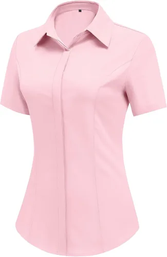 Vista 15 de HOTOUCH Camisas de manga corta con botones para mujer, blusa con cuello ajustado, blusa básica de verano para oficina, tallas S-2XL
